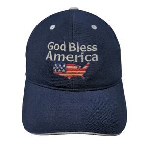 God Bless America Strapback Hat Blue OSFA Adjustable Embroidered Patriotic CAP